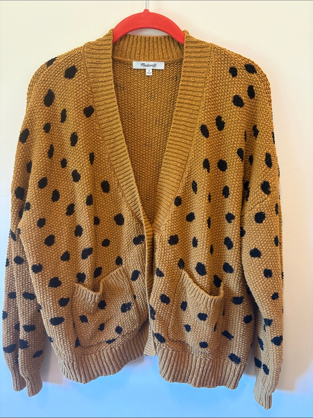 Madewell Mustard Dot Open-Front Chunky Cardigan